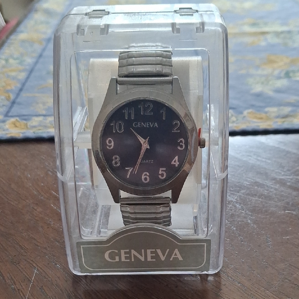 Geneva Silver-Tone Watch with Black Dial and Expansion Band